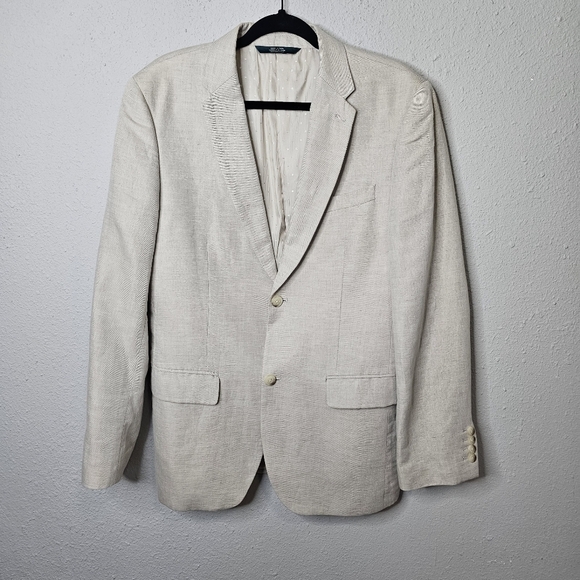 Perry Ellis Blazer Mens 40 Regular Cream Beige Linen Blend Sport Coat Event - Picture 1 of 16